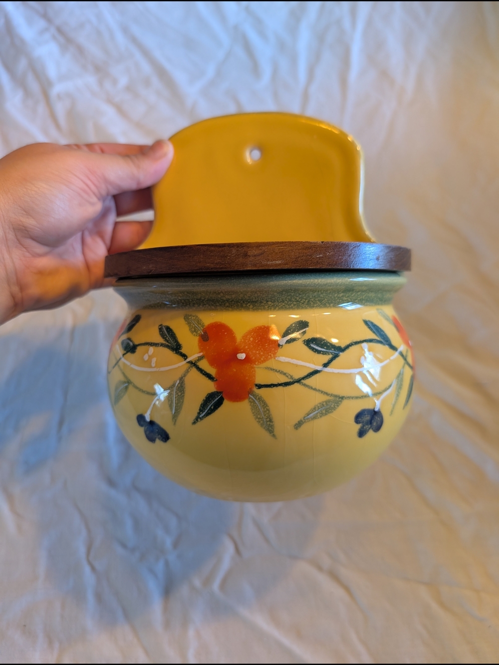 2/60$ Vintage Yellow Ceramic Wall Pocket with Hand-Painted Floral Motif